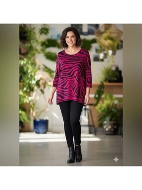 CHICO’S ZENERGY French Terry Fuschia Black Zebra Print Tunic Top 3/4 Sleeve 16